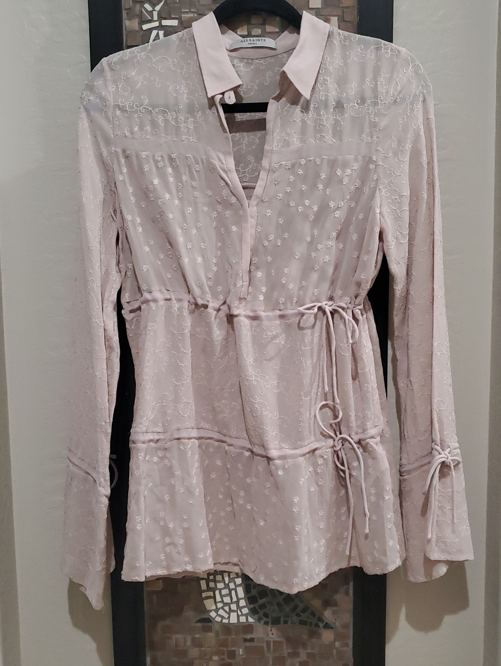 All Saints Women's Abelie Pink Embroidered Tie-Waist Blouse